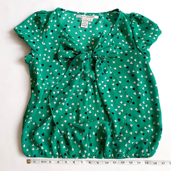 MAX STUDIO Puffy Sleeve Blouse with Bow Detail in Teal Green with Heart Print - Picture 12 of 15